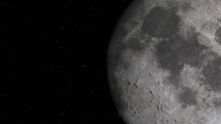 3D rendering of the lunar orbit. The Moon against the background of space with illuminated craters...