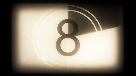 3D rendering of a monochrome universal countdown film leader. Countdown clock from 10 to 0. Effect...