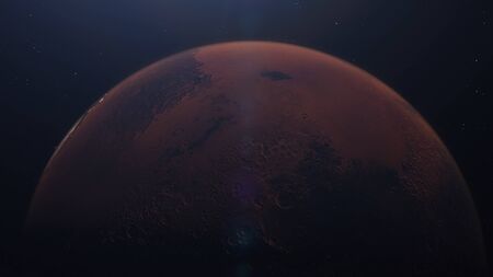 3D rendering of the Martian Orbit. Mars in space with illuminated craters and Martian mountains.