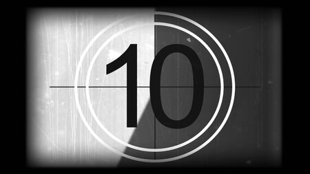 3D rendering of a monochrome universal countdown film leader. Countdown clock from 10 to 0. Effect of old film rolling with details, scratches, lines, dirt, markers and film grainの写真素材