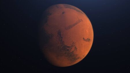 3D rendering of the Martian Orbit. Mars in space with illuminated craters and Martian mountains.の写真素材
