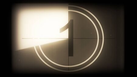 3D rendering of a monochrome universal countdown film leader. Countdown clock from 10 to 0. Effect of old film rolling with details, scratches, lines, dirt, markers and film grainの写真素材
