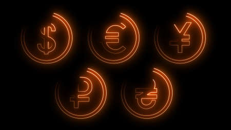 3D rendering glow effects of contours of currencies on a black background. Neon design elements. Can be used to create a variety of presentations, news, online media, social media and vibrant backgroundsの写真素材