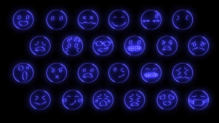 3D rendering of a set of 24 emoji with glow effects. Neon emotional signs. Futuristic glowing web characters. They can be used to create various presentations, news, online media, social networksの写真素材