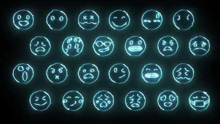 3D rendering of a set of 24 emoji with glow effects. Neon emotional signs. Futuristic glowing web characters. They can be used to create various presentations, news, online media, social networksの写真素材