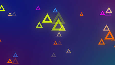 3D rendering of glowing multi-colored triangles in space located at different distances from each...