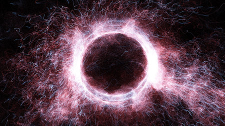 3D rendering cosmic energy strings. Energy flows in the form of thin bright elements. Lines form...