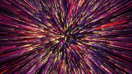 3D rendering of bright multi-colored particles fill the space with jets of energy and light. Shiny...