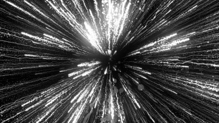 3D rendering of bright particles fill the space with jets of energy and light. Shiny abstract background for bright decorationの写真素材