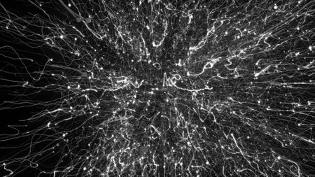 3D rendering of bright particles fill the space with jets of energy and light. Shiny abstract background for bright decorationの写真素材