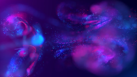 3D rendering of a multicolored, vibrant, abstract cloud of particles in space. Glowing fluid...