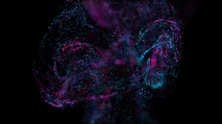 3D rendering of a multicolored, vibrant, abstract cloud of particles in space. Glowing fluid...