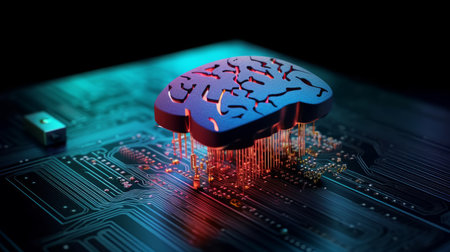 Computer brain on a microchip. Artificial intelligence chips. AI on a computer boardの素材