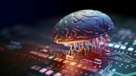 Computer brain on a microchip. Artificial intelligence chips. AI on a computer boardの素材