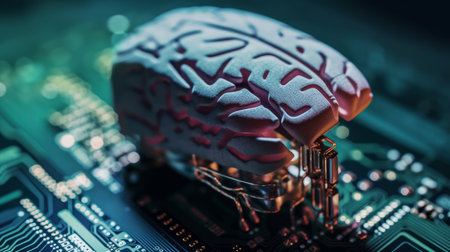 Computer brain on a microchip. Artificial intelligence chips. AI on a computer boardの素材