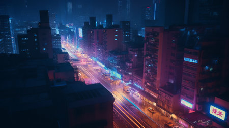 City from the future in cyberpunk style. Futuristic city. Bright neon signs on the street of the futureの素材