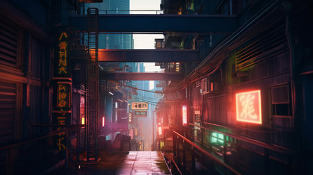 City from the future in cyberpunk style. Futuristic city. Bright neon signs on the street of the futureの素材