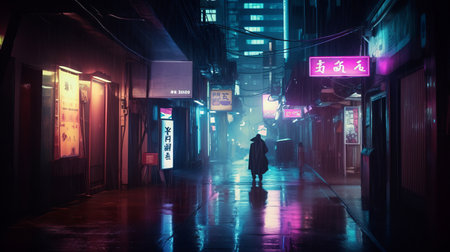 City from the future in cyberpunk style. Futuristic city. Bright neon signs on the street of the futureの素材