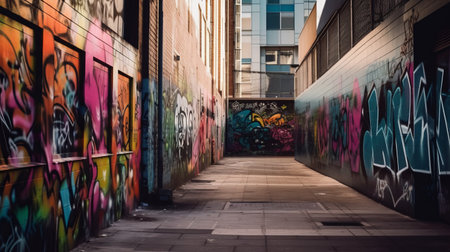 Modern cyberpunk city street with graffiti. Urban creative lifestyle of the metropolis. Youth street culture in art. Abstract spray paint on walls and buildings. Vandalismの素材