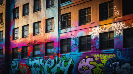 Modern cyberpunk city street with graffiti. Urban creative lifestyle of the metropolis. Youth street culture in art. Abstract spray paint on walls and buildings. Vandalismの素材