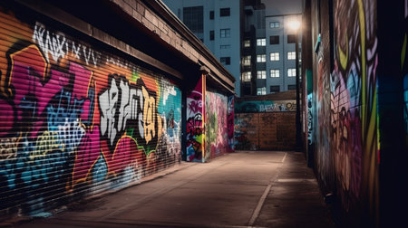 Modern cyberpunk city street with graffiti. Urban creative lifestyle of the metropolis. Youth street culture in art. Abstract spray paint on walls and buildings. Vandalismの素材