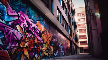 Modern cyberpunk city street with graffiti. Urban creative lifestyle of the metropolis. Youth street culture in art. Abstract spray paint on walls and buildings. Vandalismの素材