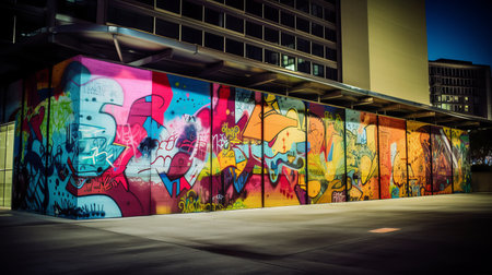 Modern cyberpunk city street with graffiti. Urban creative lifestyle of the metropolis. Youth street culture in art. Abstract spray paint on walls and buildings. Vandalismの素材