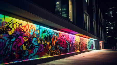 Modern cyberpunk city street with graffiti. Urban creative lifestyle of the metropolis. Youth street culture in art. Abstract spray paint on walls and buildings. Vandalismの素材