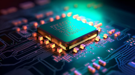 Central computer processors Processor concept. Printed circuit board. Technology background. Motherboard digital chip. Technical science. Built-in communication processorの素材