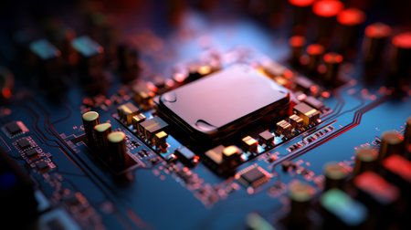 Central computer processors Processor concept. Printed circuit board. Technology background. Motherboard digital chip. Technical science. Built-in communication processorの素材