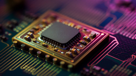 Central computer processors Processor concept. Printed circuit board. Technology background. Motherboard digital chip. Technical science. Built-in communication processorの素材