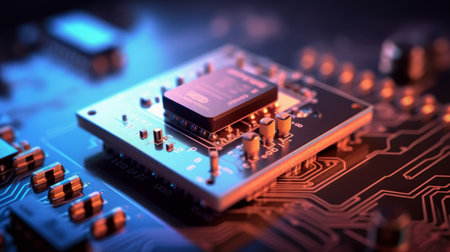 Central computer processors Processor concept. Printed circuit board. Technology background. Motherboard digital chip. Technical science. Built-in communication processorの素材