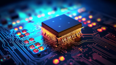 Central computer processors Processor concept. Printed circuit board. Technology background. Motherboard digital chip. Technical science. Built-in communication processorの素材
