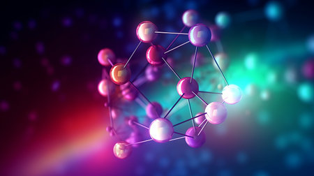 Bright colored molecular structure in space. Biological and chemical element in the form of a molecule.の素材