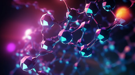 Bright colored molecular structure in space. Biological and chemical element in the form of a molecule.の素材