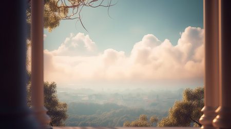 A mystical beautiful view from the building of nature and the environment. Light airy landscapeの素材