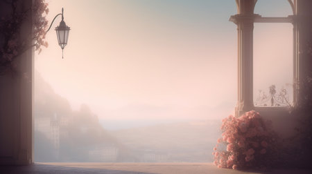 A mystical beautiful view from the building of nature and the environment. Light airy landscapeの素材