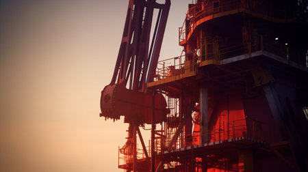 View of an offshore drilling rig. Technological engineering structure in the ocean extracting fuel from the earthの素材