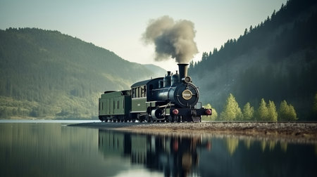 Old steam train against the backdrop of mountains and lake mountain lake. Retro train on a background of natureの素材