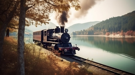 Old steam train against the backdrop of mountains and lake mountain lake. Retro train on a background of natureの素材