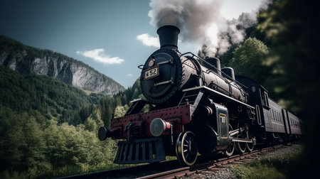 Old steam train against the backdrop of mountains and lake mountain lake. Retro train on a background of natureの素材