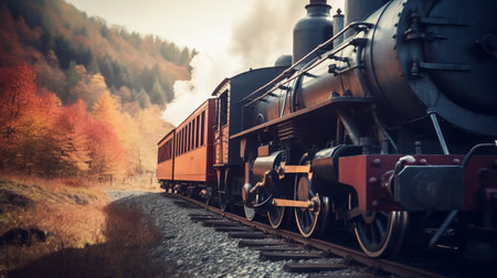 Old steam train against the backdrop of mountains and lake mountain lake. Retro train on a background of natureの素材