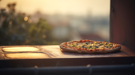 View of delicious freshly made hot pizza. Big cheese lunch or pizza dinner with ingredientsの素材