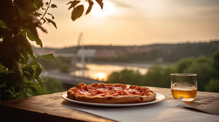 View of delicious freshly made hot pizza. Big cheese lunch or pizza dinner with ingredientsの素材