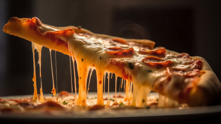 View of delicious freshly made hot pizza. Big cheese lunch or pizza dinner with ingredientsの素材