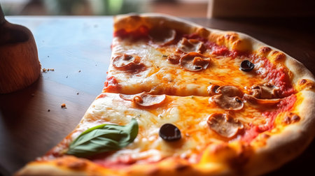 View of delicious freshly made hot pizza. Big cheese lunch or pizza dinner with ingredientsの素材