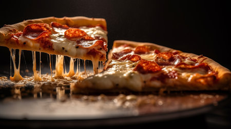 View of delicious freshly made hot pizza. Big cheese lunch or pizza dinner with ingredientsの素材