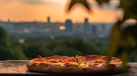 View of delicious freshly made hot pizza. Big cheese lunch or pizza dinner with ingredientsの素材