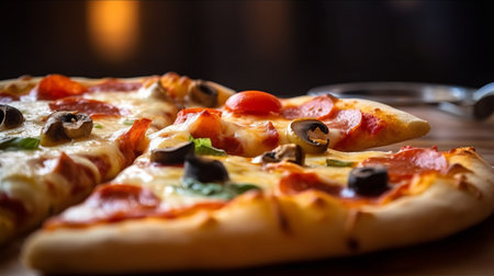 View of delicious freshly made hot pizza. Big cheese lunch or pizza dinner with ingredientsの素材