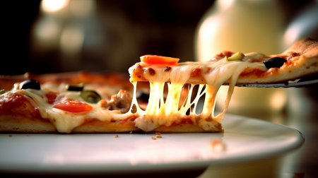 View of delicious freshly made hot pizza. Big cheese lunch or pizza dinner with ingredientsの素材